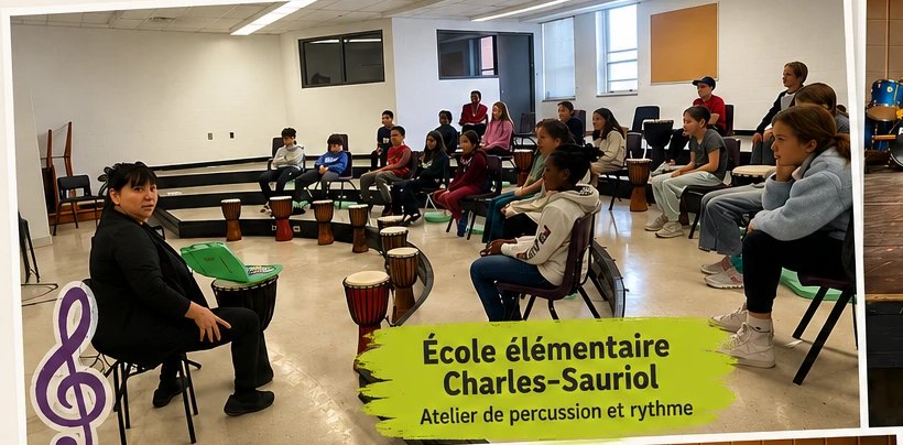 Atelier de percussion et rythme : les élèves assis en cercle avec leurs djembés